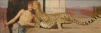 Pintura mostrando um homem sendo acariciado por uma esfinge (felino com cabe&ccedil;a humana)
