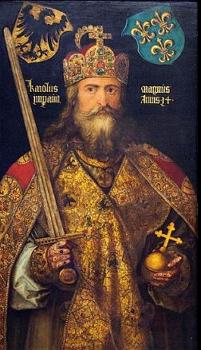 Pintura de Carlos Magno segurando uma espada e uma cruz