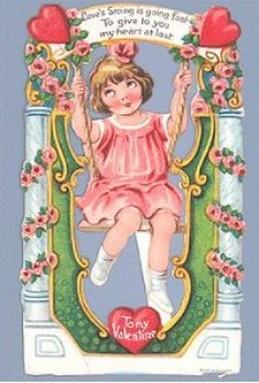 Cartão pintado mostrando uma menina de vestido rosa sentada num balanço