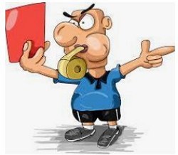 Ilustração de um árbitro de futebol com cartão vermelho na mão e apito na boca.