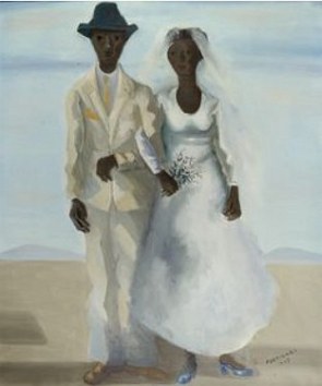 Pintura de um casal com roupas de casamento