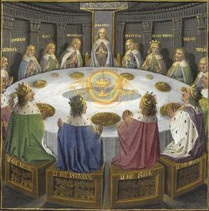 Pintura medieval representando os cavaleiros da Távola redonda