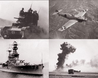 Cenas da Guerra Civil Espanhola, avi&atilde;o, tanque e navios de guerra