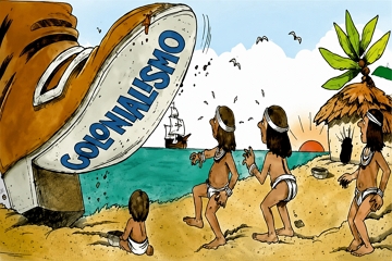 Charge sobre o colonialismo. P&eacute; grande amea&ccedil;ando os ind&iacute;genas.