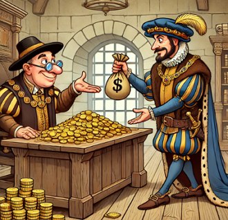 Desenho em forma de charge mostrando um comerciante pegando moedas de ouro emprestado com um banqueiro na Baixa Idade M&eacute;dia