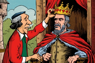 Charge mostrando o filósofo maquiavel colocando uma coroa num rei