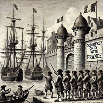Desenho mostrando navios comerciais estrangeiros chegando a um porto franc&ecirc;s no s&eacute;culo XVIII mas s&atilde;o impeditos de atracarem.