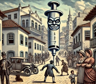 Charge mostrando uma vacina gigante na rua do Rio de Janeiro e pessoas com medo