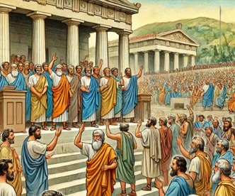 Ilustra&ccedil;&atilde;o mostrando um cidad&atilde;os de atenas numa assembleia