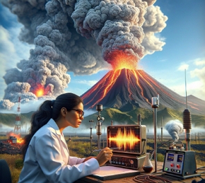 Ilustração de uma cientista analisando dados de uma erupção vulcânica