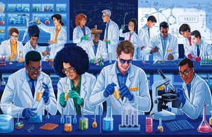Ilustração mostrando cientistas fazendo ciência