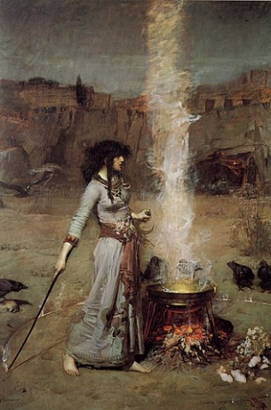 Pintura mostrando uma bruxa wicca fazendo o c&iacute;rculo m&aacute;gico