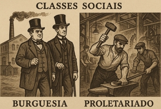 Ilustra&ccedil;&atilde;o mostrando imagens de duas classes sociais: burguesia e proletariado