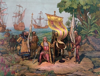 Pintura mostrando Colombo tomando posse das Ilhas S&atilde;o Domingos na Am&eacute;rica