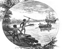 Imagem mostrando a chegada dos europeus na Austrália: início da colonização da Oceania