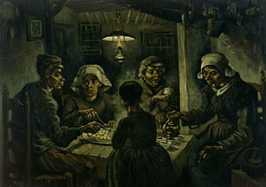 Pintura de tons escuros, mostrando uma família pobre comendo batatas.