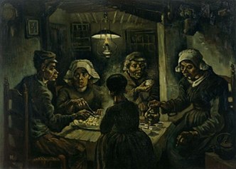 Pintura de tom escuro mostrando uma fam&iacute;lia pobre comendo batatas numa mesa