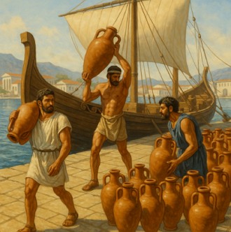 Ilustra&ccedil;&atilde;o mostrando gregos da Gr&eacute;cia Antiga carregando um navio com &acirc;nforas