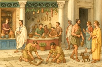 Ilustra&ccedil;&atilde;o mostrando o com&eacute;rcio numa rua da Roma Antiga