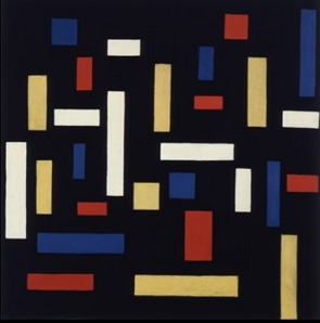 Obra de arte de fundo preto com retângulos brancos, vermelhos, amarelos e azuis