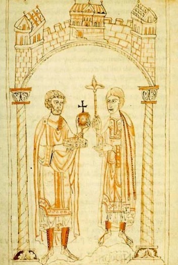 A abdica&ccedil;&atilde;o de Henrique IV em favor do filho Henrique V, detalhe da Cr&ocirc;nica de Ekkehard von Aura, s&eacute;culo XII.
