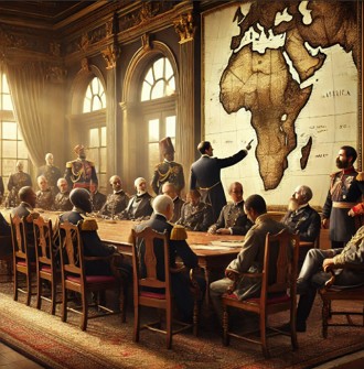 Ilustra&ccedil;&atilde;o mostrando governantes europeus do final do s&eacute;culo XIX discutindo a partilha da &Aacute;frica na Confer&ecirc;ncia de Berlim.