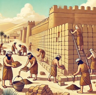 Ilustra&ccedil;&atilde;o mostrando a constru&ccedil;&atilde;o de uma muralha na Mesopot&acirc;mica