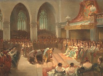 Pintura mostrando a cerim&ocirc;nia de Coroa&ccedil;&atilde;o de Guilherme III e Maria II