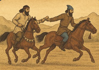 Ilustra&ccedil;&atilde;o mostrando dois cavaleiro do correio persa
