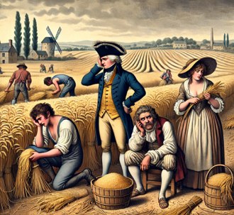 Ilustra&ccedil;&atilde;o mostrando franceses numa colheita de trigo. Eles est&atilde;o decepcionados com a m&aacute; colheita.