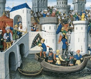 Pintura mostrando guerreiros vindos em barcos e tentando invadir um castelo