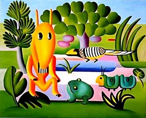 Pintura colorida mostrando desenhos de árvores, plantas e animais.