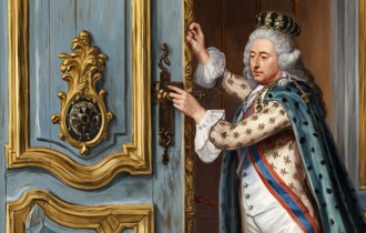 Ilustra&ccedil;&atilde;o mostrando o rei da Fran&ccedil;a Luis XVI mexendo na fechadura de uma porta.