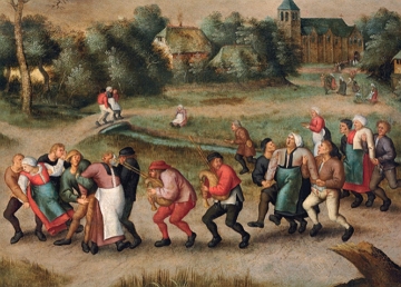 Pintura medieval mostrando camponeses dan&ccedil;ando