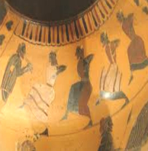 Pintura antiga mostrando gregos dançando