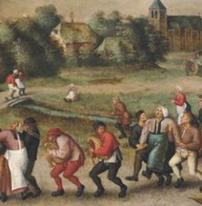 Pintura medieval mostrando camponeses dançando