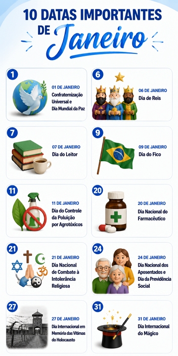 Imagem com as principais datas comemorativas do m&ecirc;s de Janeiro