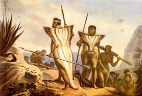 Pintura mostrando índios brasileiros com lanças nas maõs