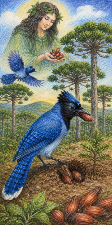 Ilustra&ccedil;&atilde;o sobre a lenda da Gralha-Azul