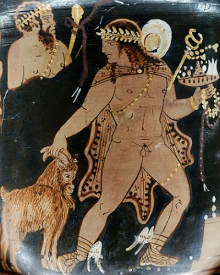 Pintura grega mostrando o deus Hermes levando um bode para sacrifício.