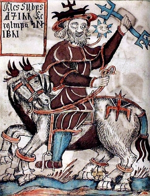Pintura mostrando um homem sobre um cavalo
