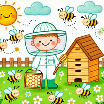 Desenho em estilo infantil de um apicultor e abelhas