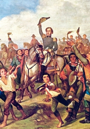 Pintura mostrando Dom Pedro I em seu cavalo, cercado de pessoas