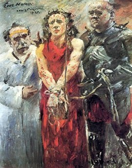 Pintura mostrando uma mulher de vestido vermelho com as mãos amarradas e dois homens, um de cada lado dela