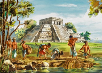 Ilustração mostrando os maias praticando a pesca e agricultura