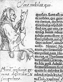 Página ilustrada da primeira edição de Elogio da Loucura de Erasmo de Roterdã
