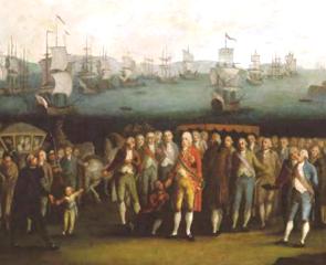 Pintura mostrando o embarque da família real portuguesa para o Brasil