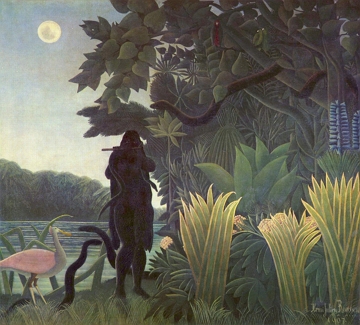 Pintura mostrando uma pessoa no escuro com serpentes envoltas no corpo. Ele est&aacute; numa &aacute;rea com &aacute;rvores.