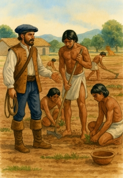 Ilustra&ccedil;&atilde;o mostrando a encomienda na Am&eacute;rica Espanhola