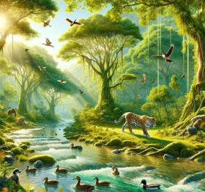 Ilustração representando o equilíbrio ecológico com árvores, patos, um rio e uma onça